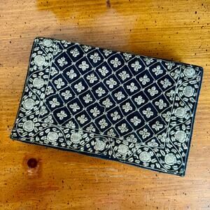 Vintage Black Velvet Embroidered Clutch Purse, Gold Metallic Thread Evening Bag